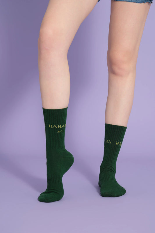 front view of green hahaha no socks