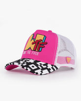 What pink and white embroidered trucker cap front view