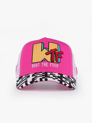 What pink and white trucker cap angled view