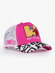 What trucker cap black and white geometric peak detail
