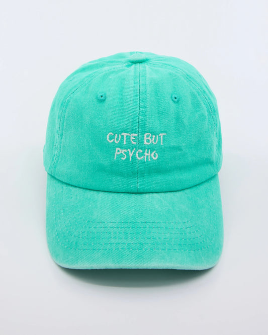 front view of Cute But Psycho Aqua Blue Washed Caps