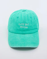 front view of Cute But Psycho Aqua Blue Washed Caps