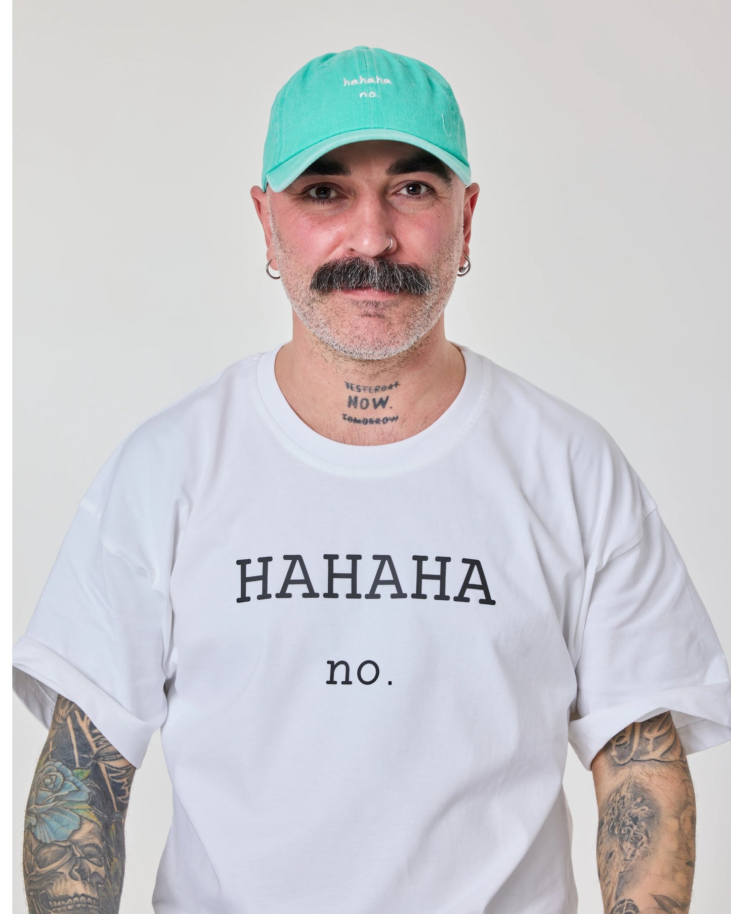 man wearing Hahaha No Aqua Blue Washed Cap