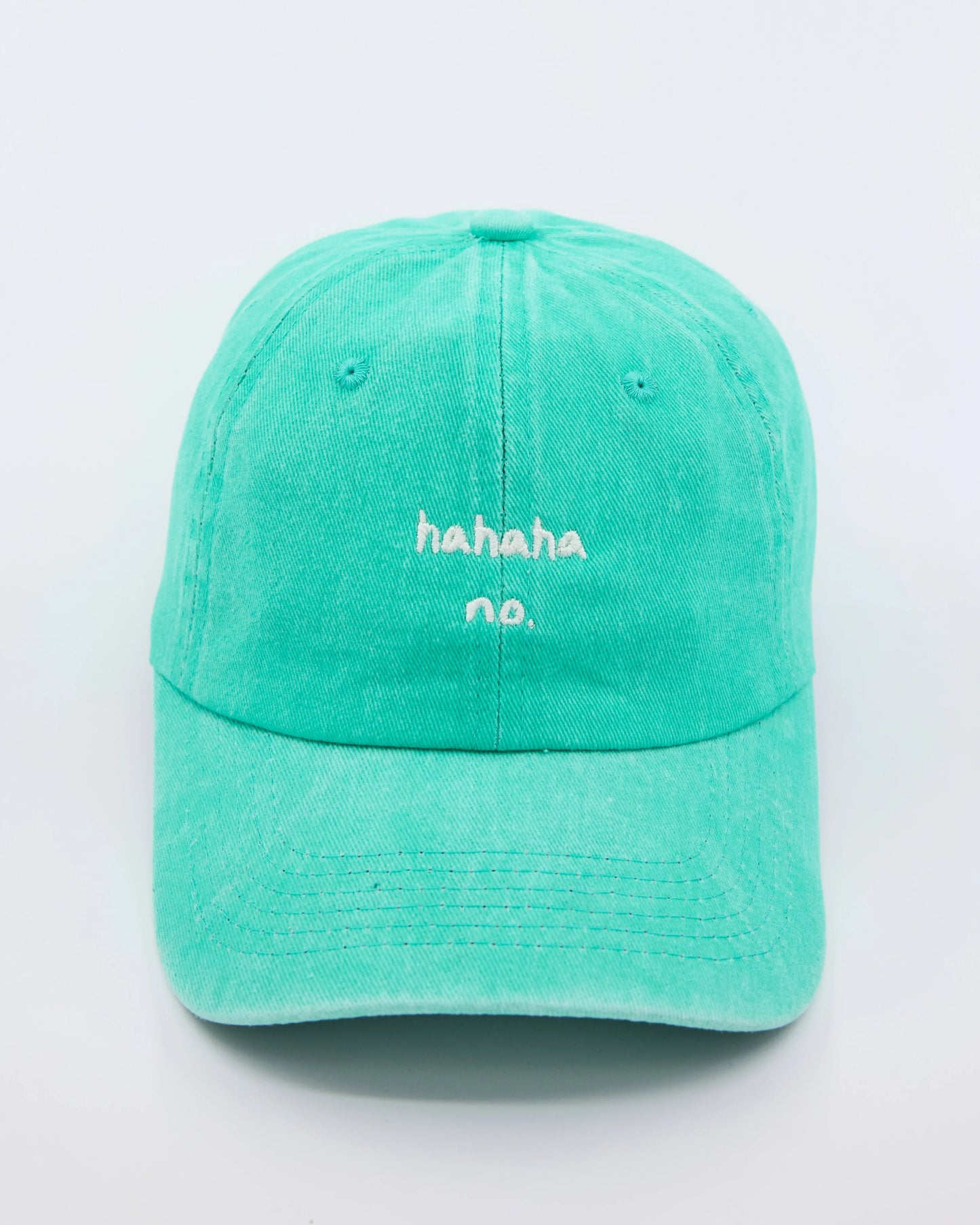 front view of Hahaha No Aqua Blue Washed Cap