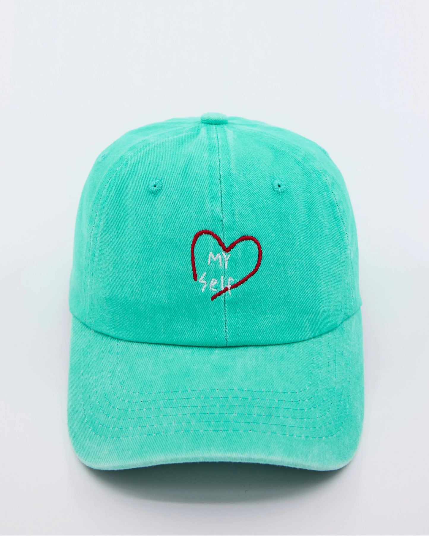 front view of Love Myself Aqua Blue Washed Cap