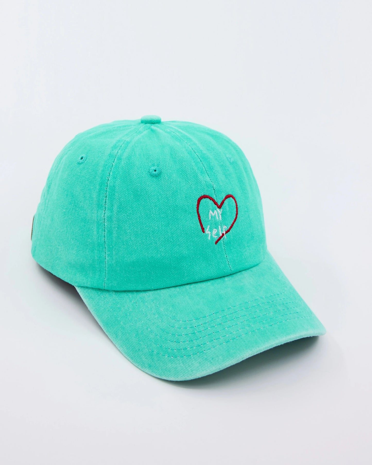 side view of Love Myself Aqua Blue Washed Cap