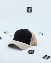 Side view of Black and Beige Trucker Cap