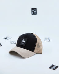 Side view of Black and Beige Trucker Cap with patches