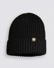 Black Classic Beanie with a logo on a light gray background