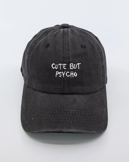 front view of Cute But Psycho Black Washed Cap