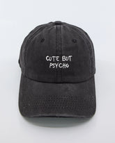 front view of Cute But Psycho Black Washed Cap