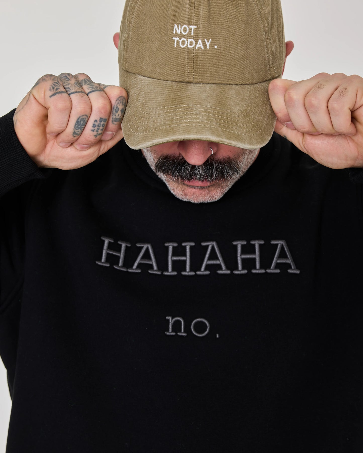 close view of Hahaha No Black Sweat