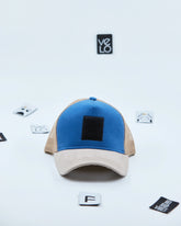 Front view of Blue and Beige Customisable Trucker Cap without patches
