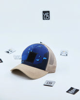Side view of Blue Camo and Beige Customisable Trucker Cap