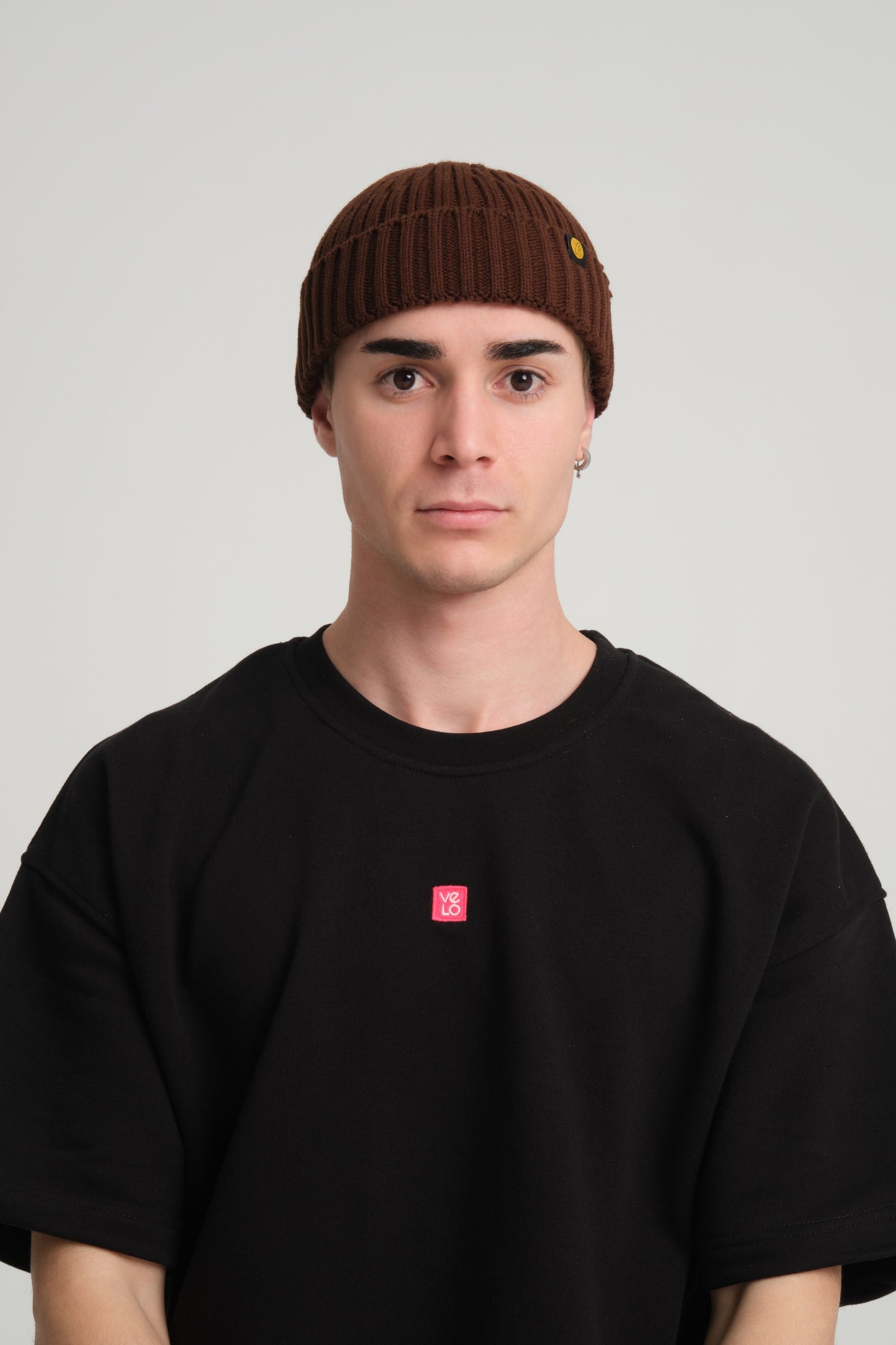 front view of a man wearing Brown Fisherman Beanie