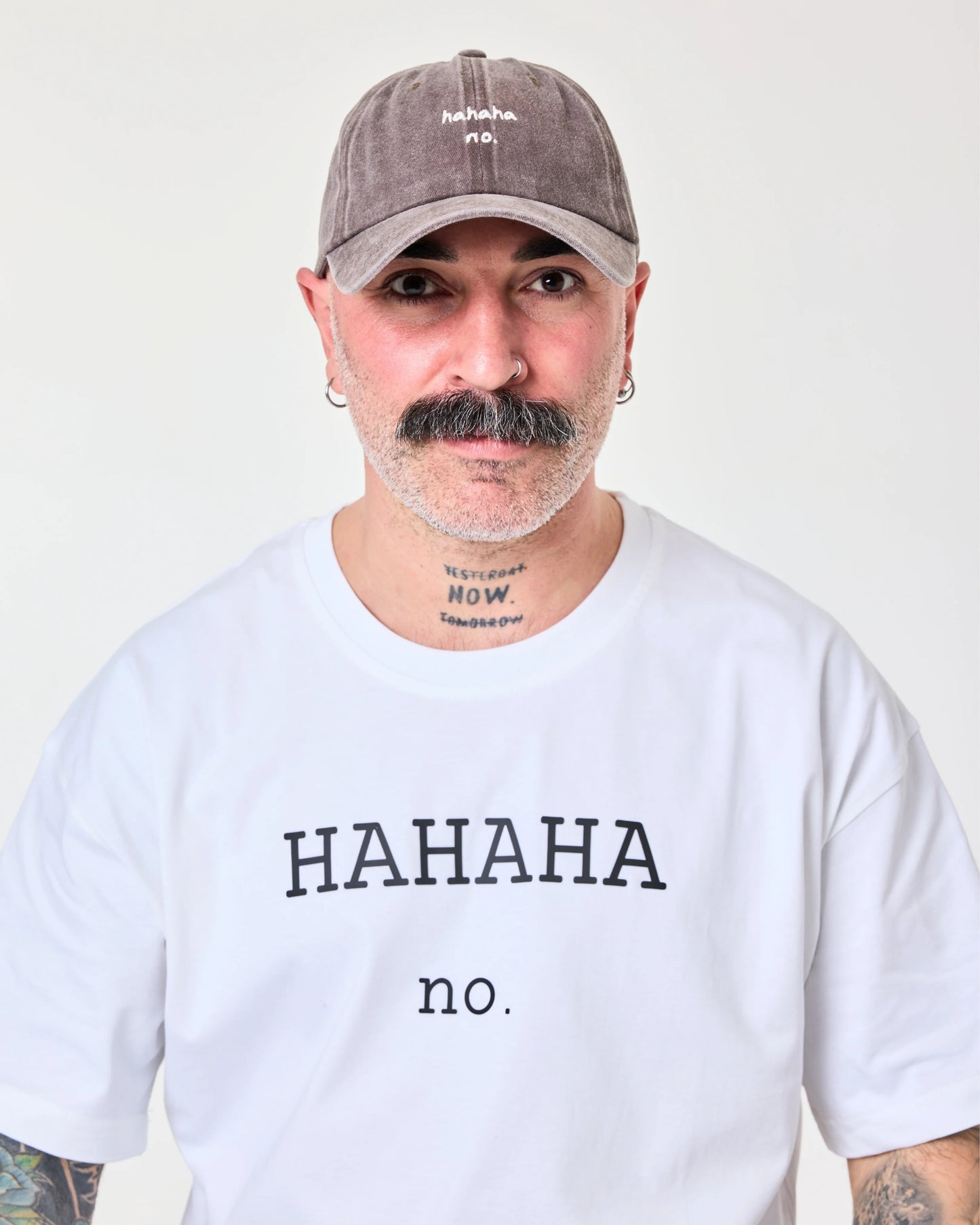 man wearing Hahaha No Brown Washed Cap
