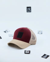 Side view of Burgundy and Beige Trucker Cap