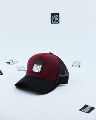 Side view of Burgundy and Black Customisable Trucker Cap with patches