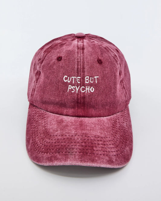 front view of Cute But Psycho Burgundy Washed Caps