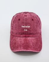 front view of Hahaha No Burgundy Washed Cap