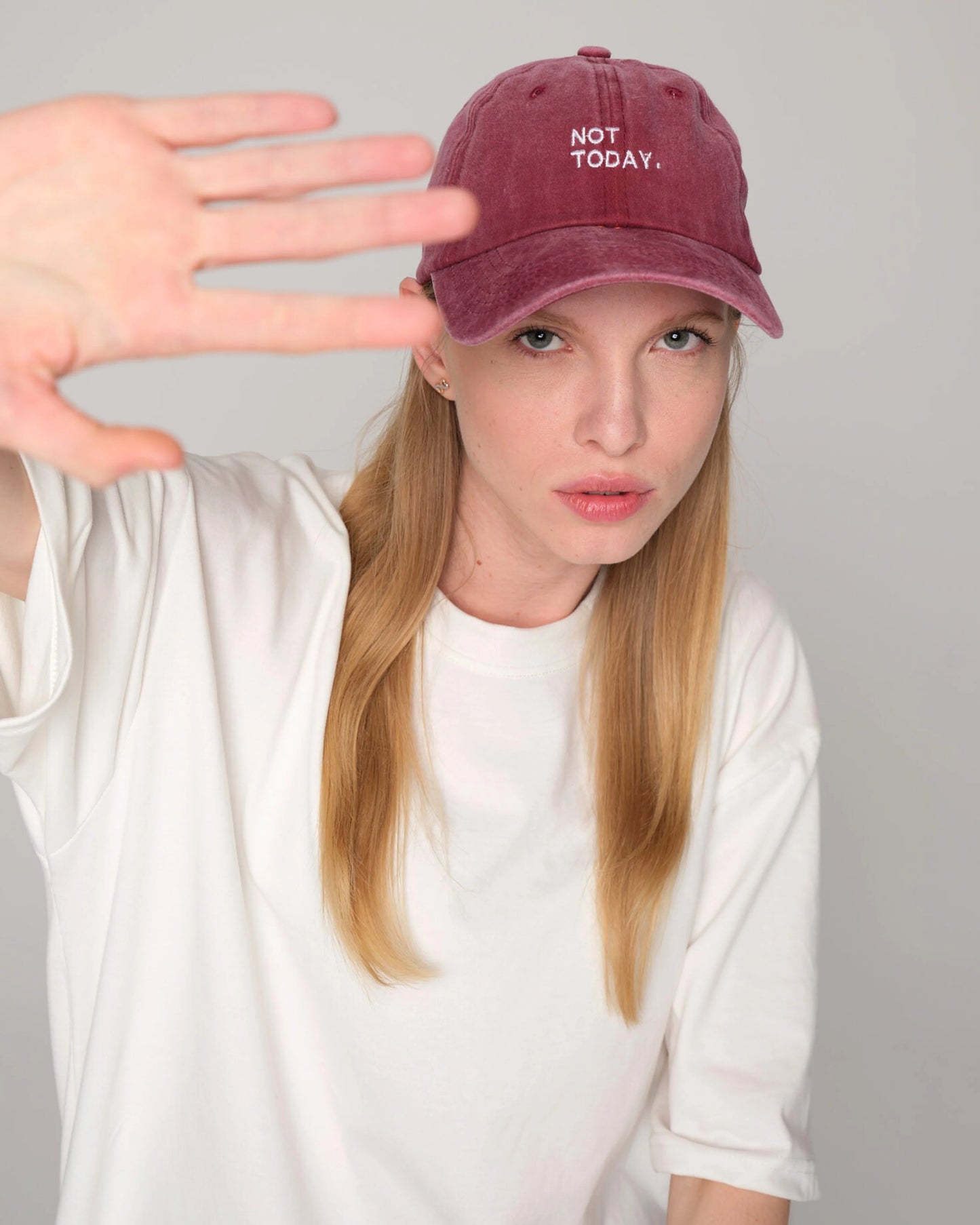woman wearing Not Today Burgundy Washed Cap Hat