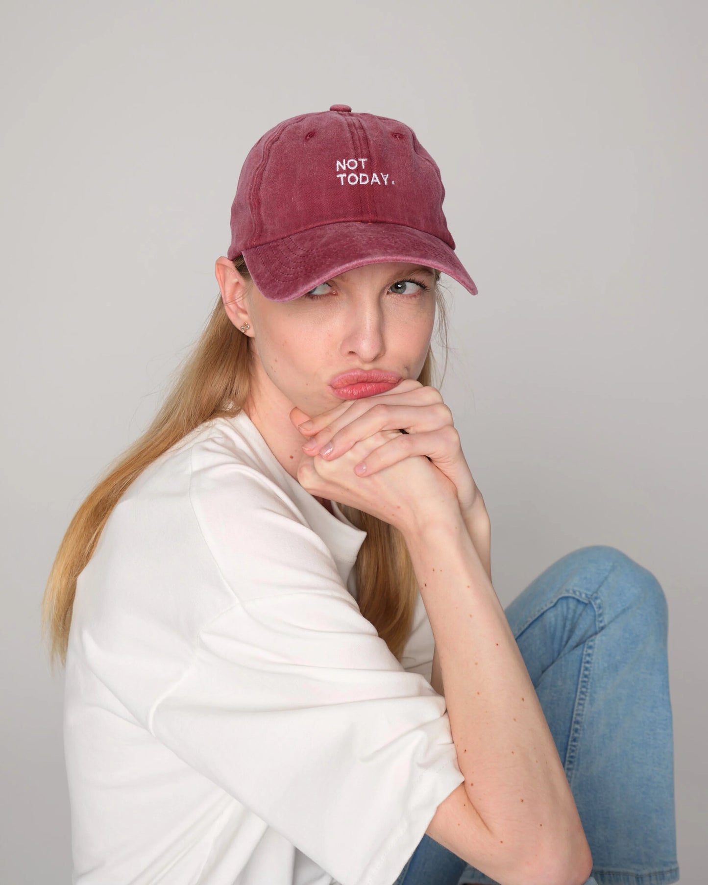 woman wearing Not Today Burgundy Washed Cap