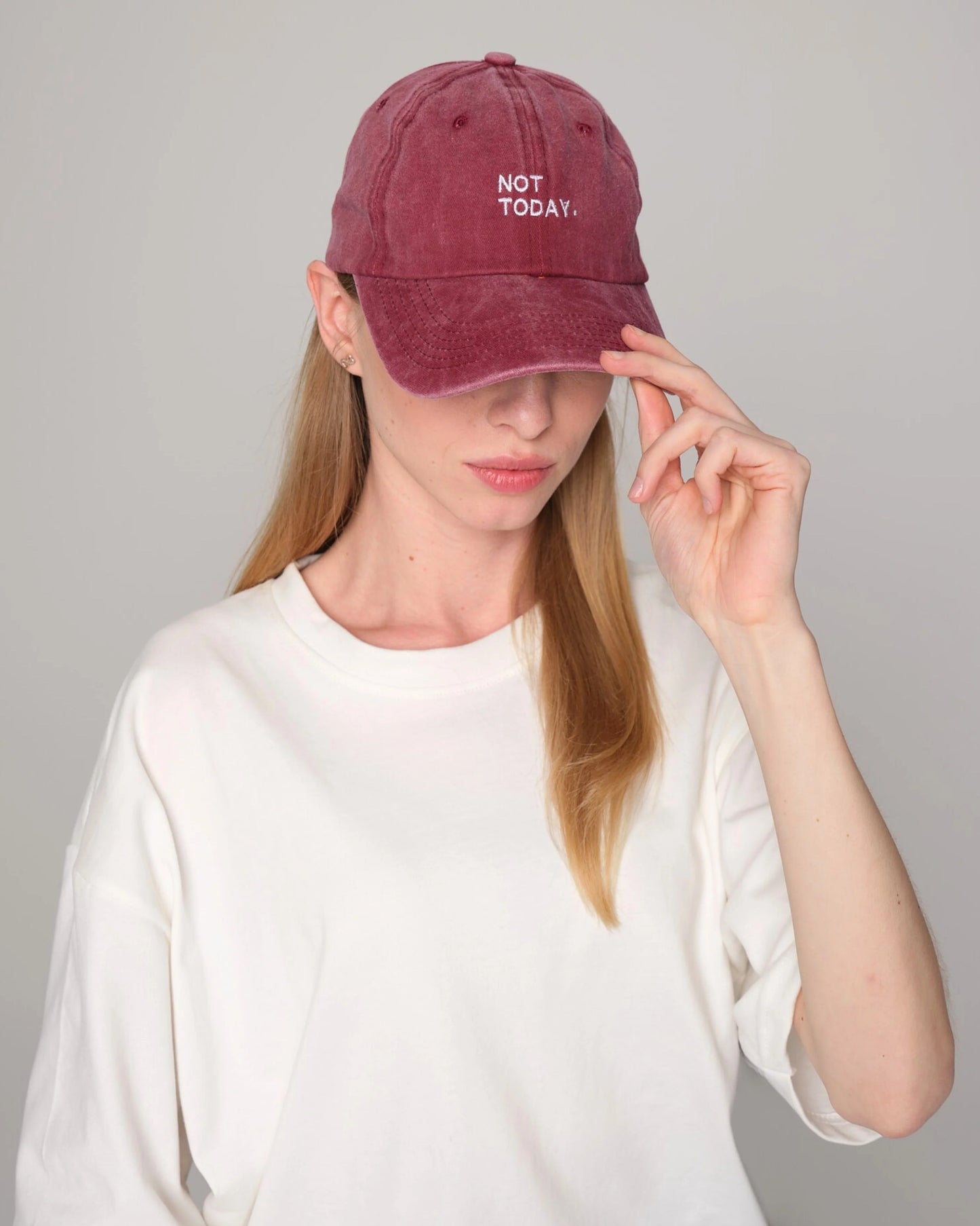 woman wearing Not Today Burgundy Washed Hat