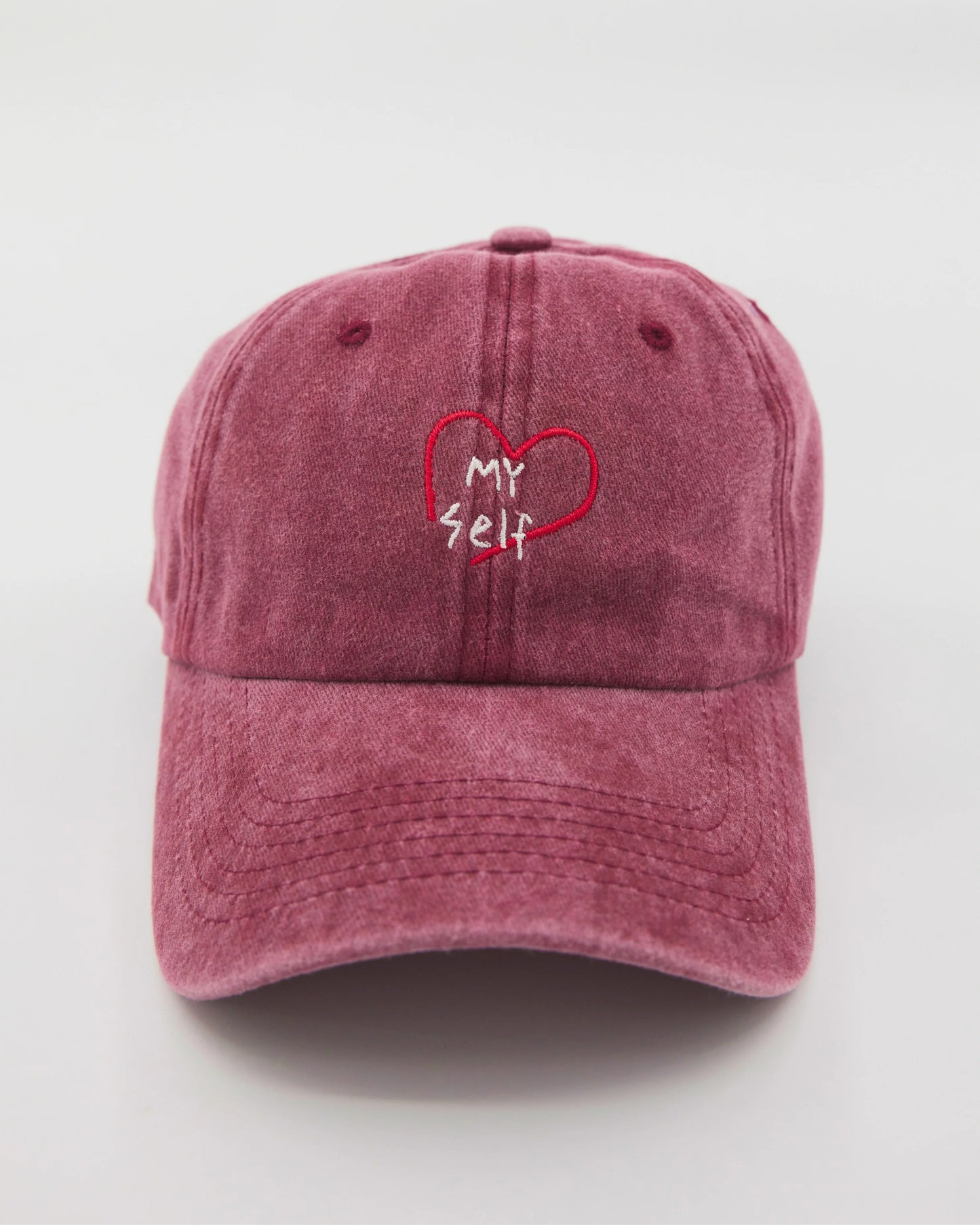front view of Love Myself Burgundy Washed Cap