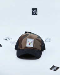 Front view of Brown Camo and Black Customisable Trucker Cap
