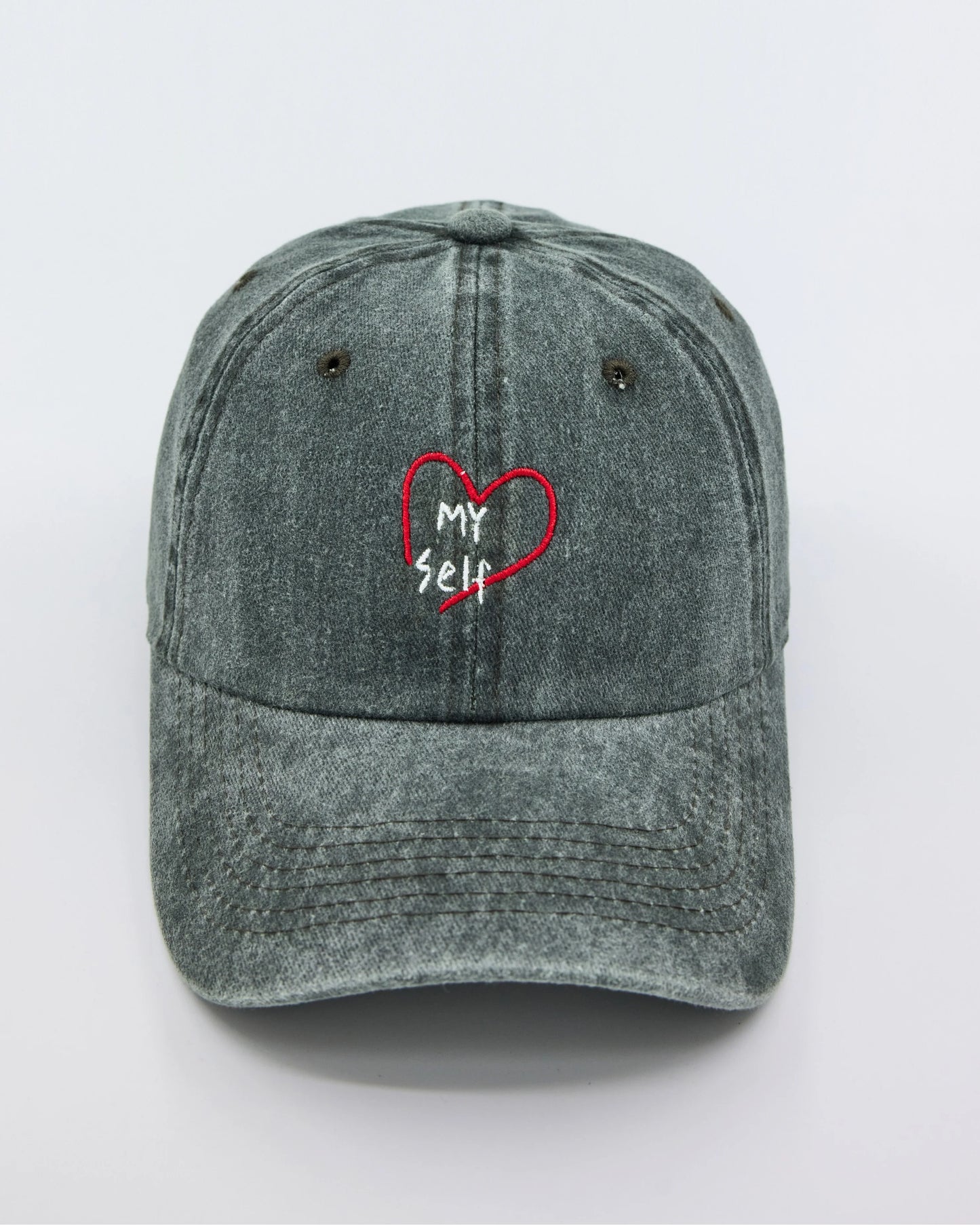 front view of Love Myself Dark Green Washed Cap