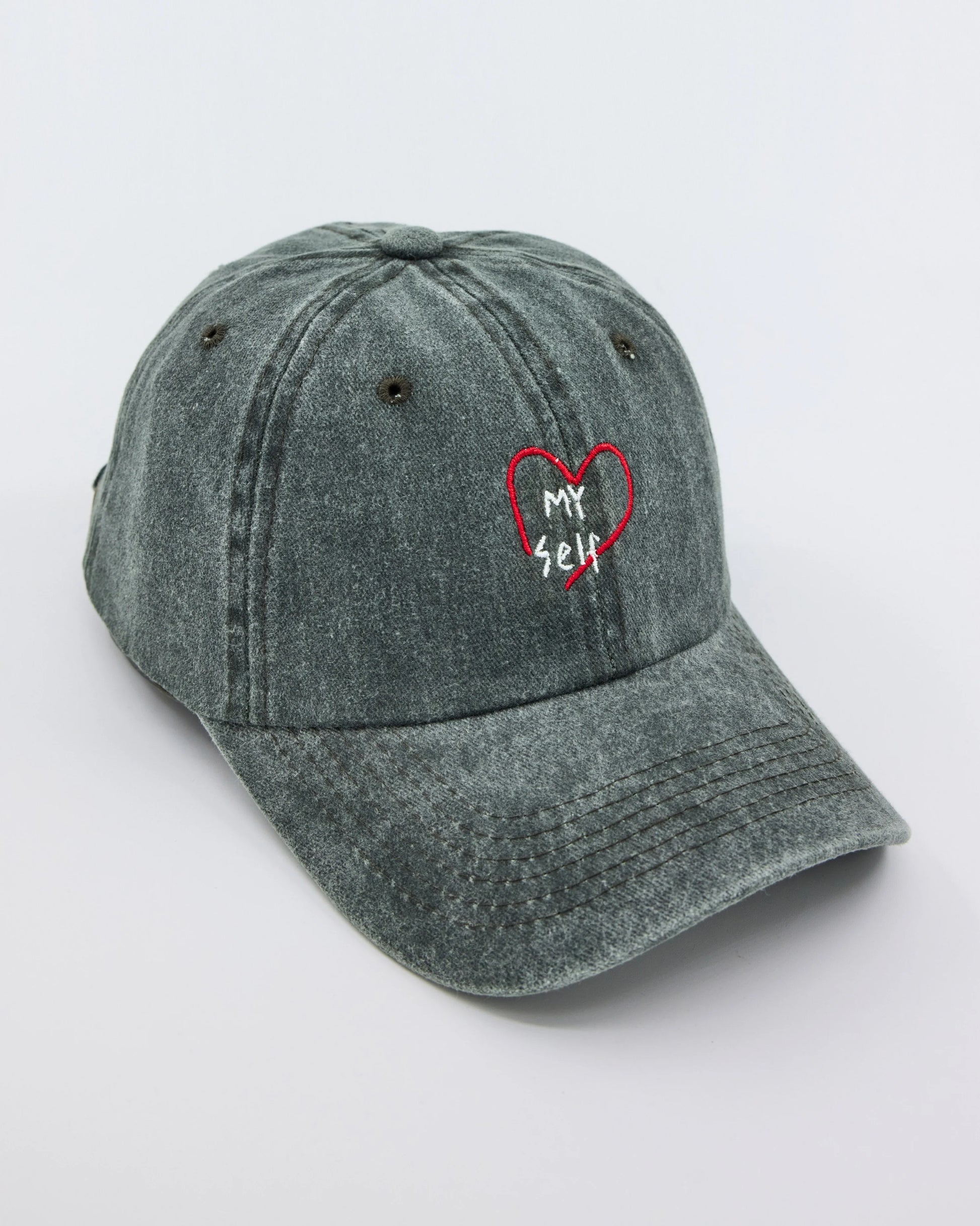 side view of Love Myself Dark Green Washed Cap
