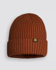Cinnamon beanie with a logo on a light gray background