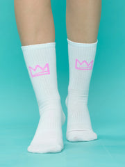 front view of pink crown white socks
