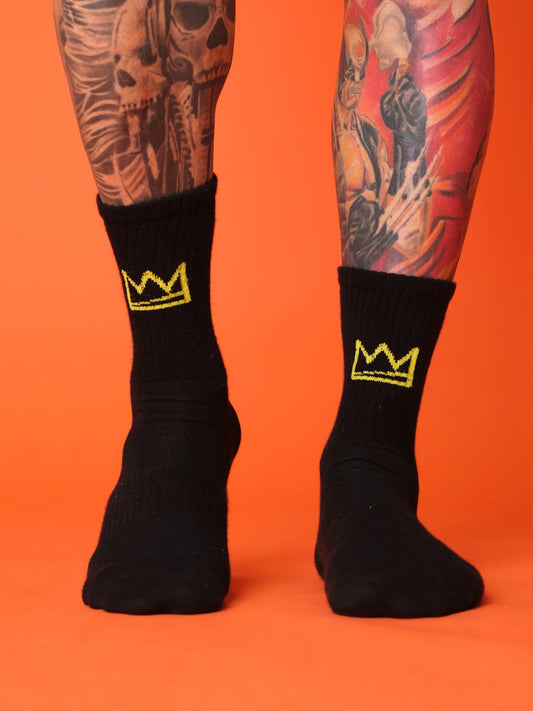 front view of crown black socks