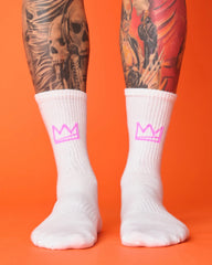 front view of pink crown white socks