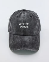 front view of Cute But Psycho Black Washed Cap