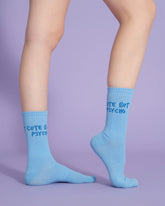 side view of blue cute but psycho socks