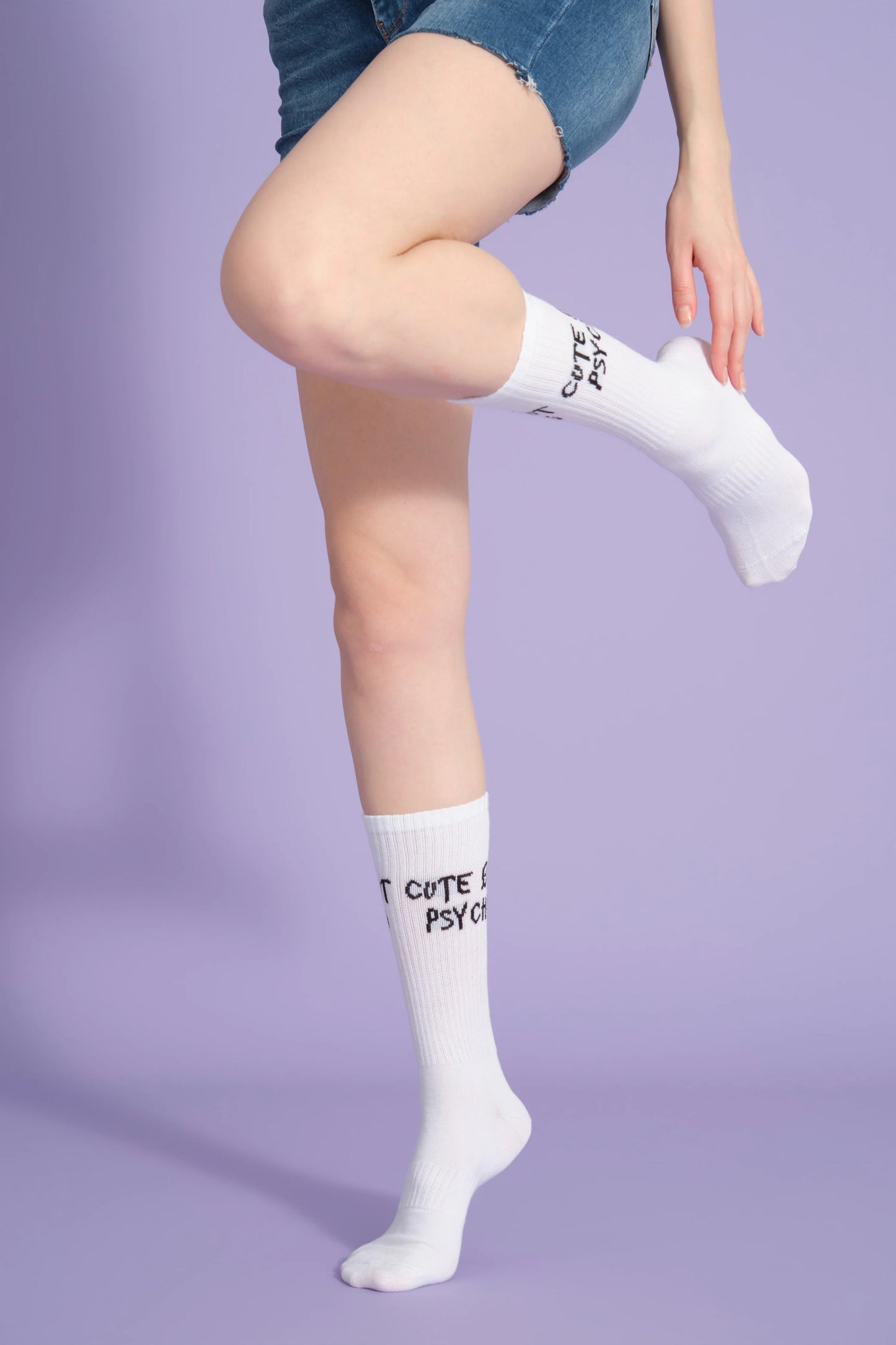 side view of white cute but psycho socks