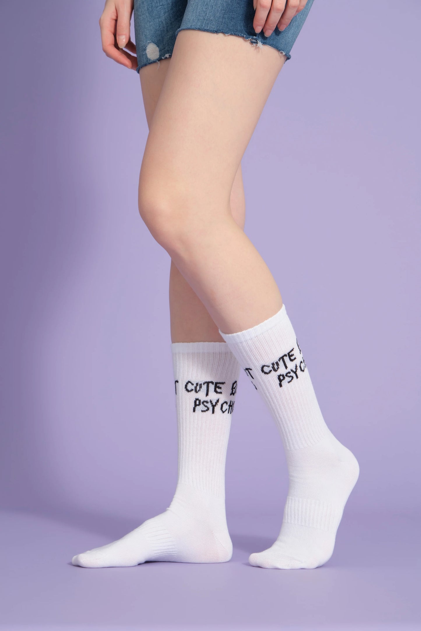 side view of white cute but psycho socks