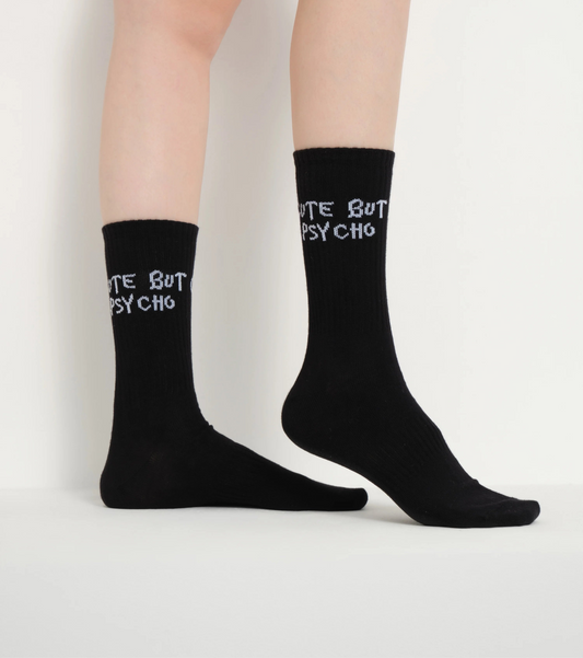 side view of black cute but psycho socks