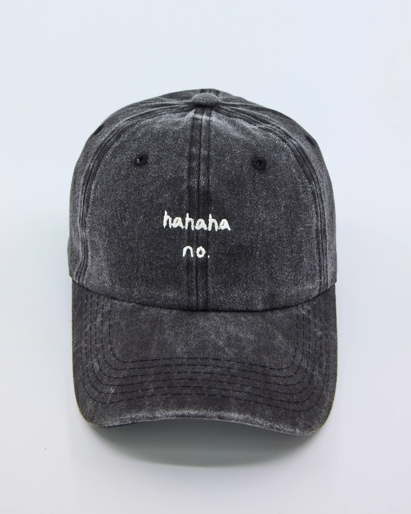 front view of Hahaha No Dark Gray Washed Cap