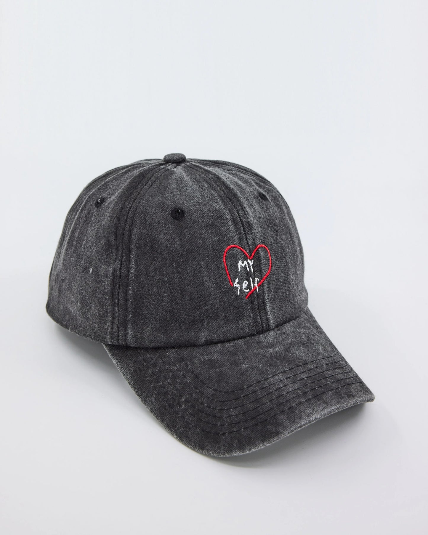 side view of Dark Gray love Myself Washed Cap