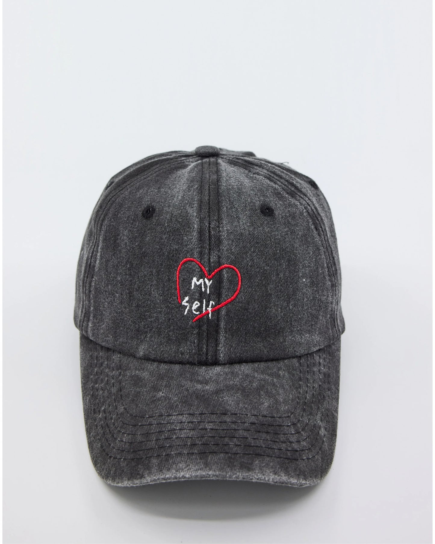 front view of Dark Gray Love Myself Washed Cap