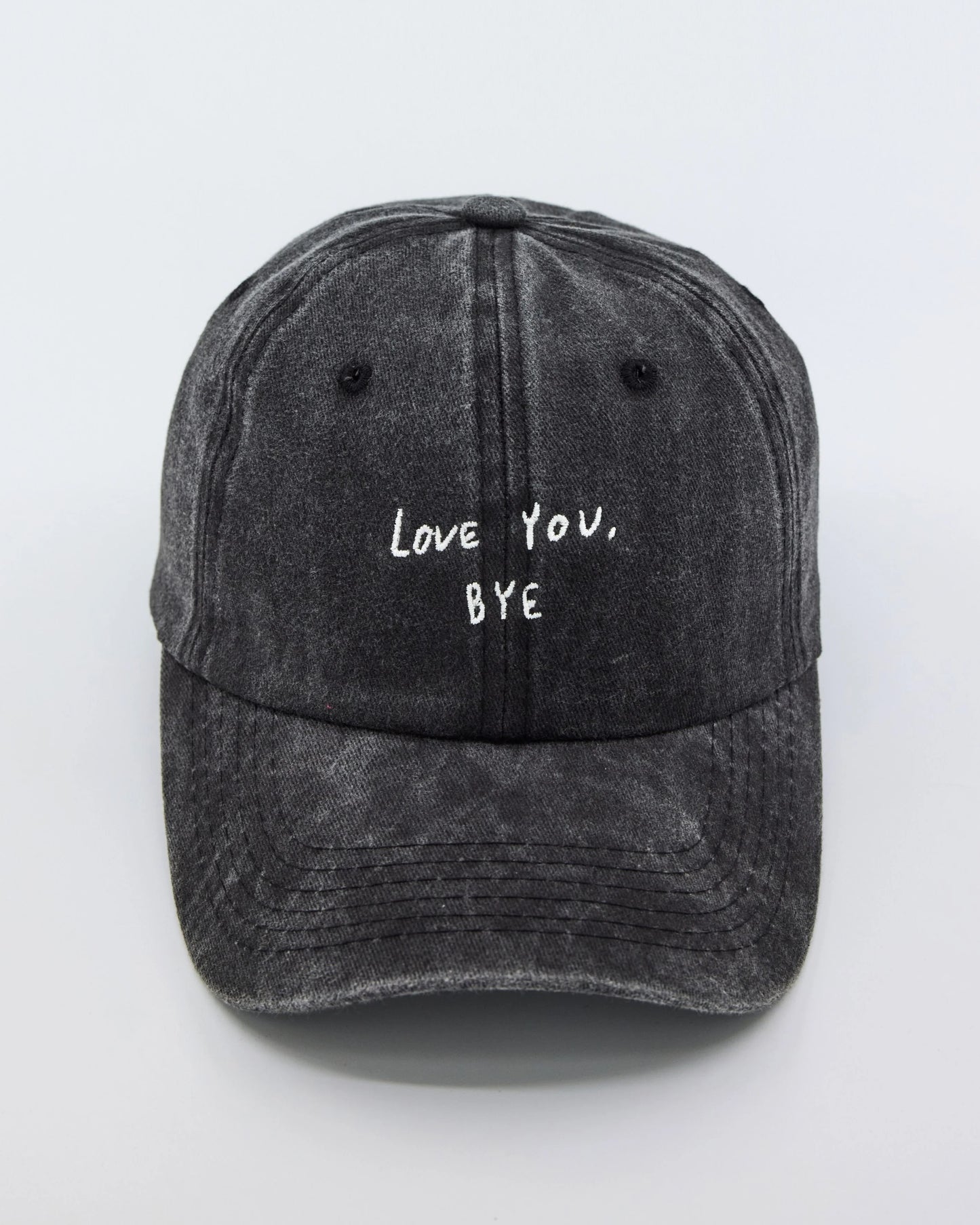 Dark Gray Washed Cap with Love You Bye text embroidered in white