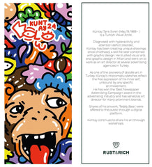 Colorful graphic with a stylized face and text about Kuntay Tarik Evren, a Turkish visual artist.