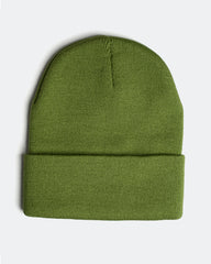 Forest green knit beanie on a white background