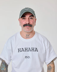 man wearing Hahaha No Forest Green Washed Cap
