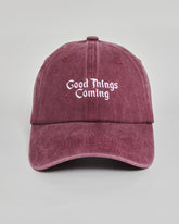 Good Things Coming burgundy washed cap - front view