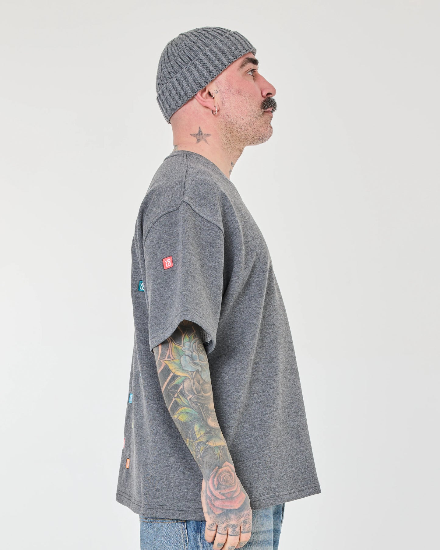 side view of Love Pixel Gray Tee