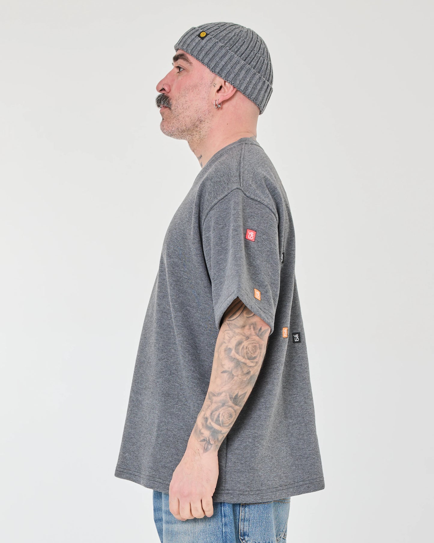 side view of Love Pixel Gray Tee